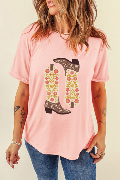 Trendy Boot Graphic Round Neck T-Shirt for Casual Comfort