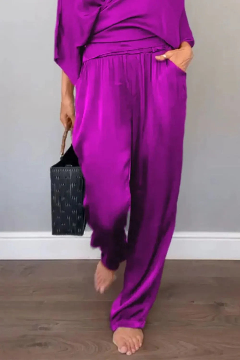 Full Size Wrap Surplice Top and Pants Set Plus Size