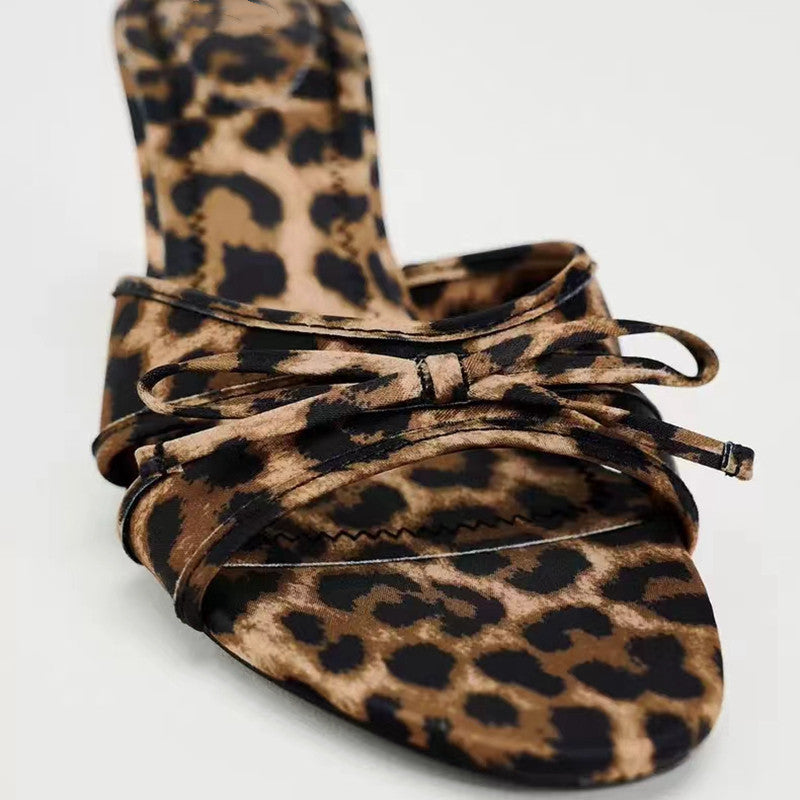 Chic Bow Leopard Print Kitten Heel Sandals - Trendy & Comfortable