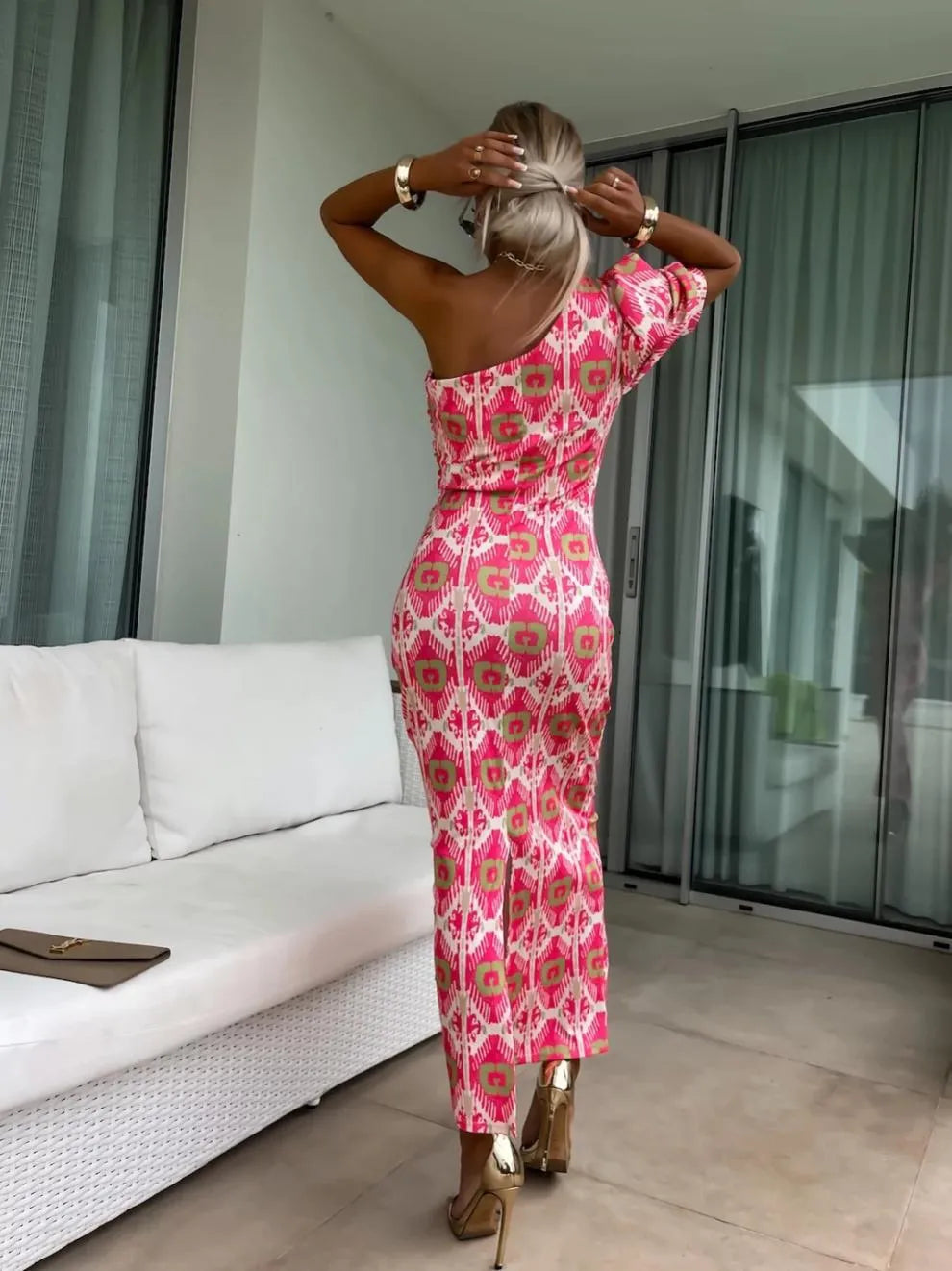 Slit Printed Single Shoulder Midi Dress