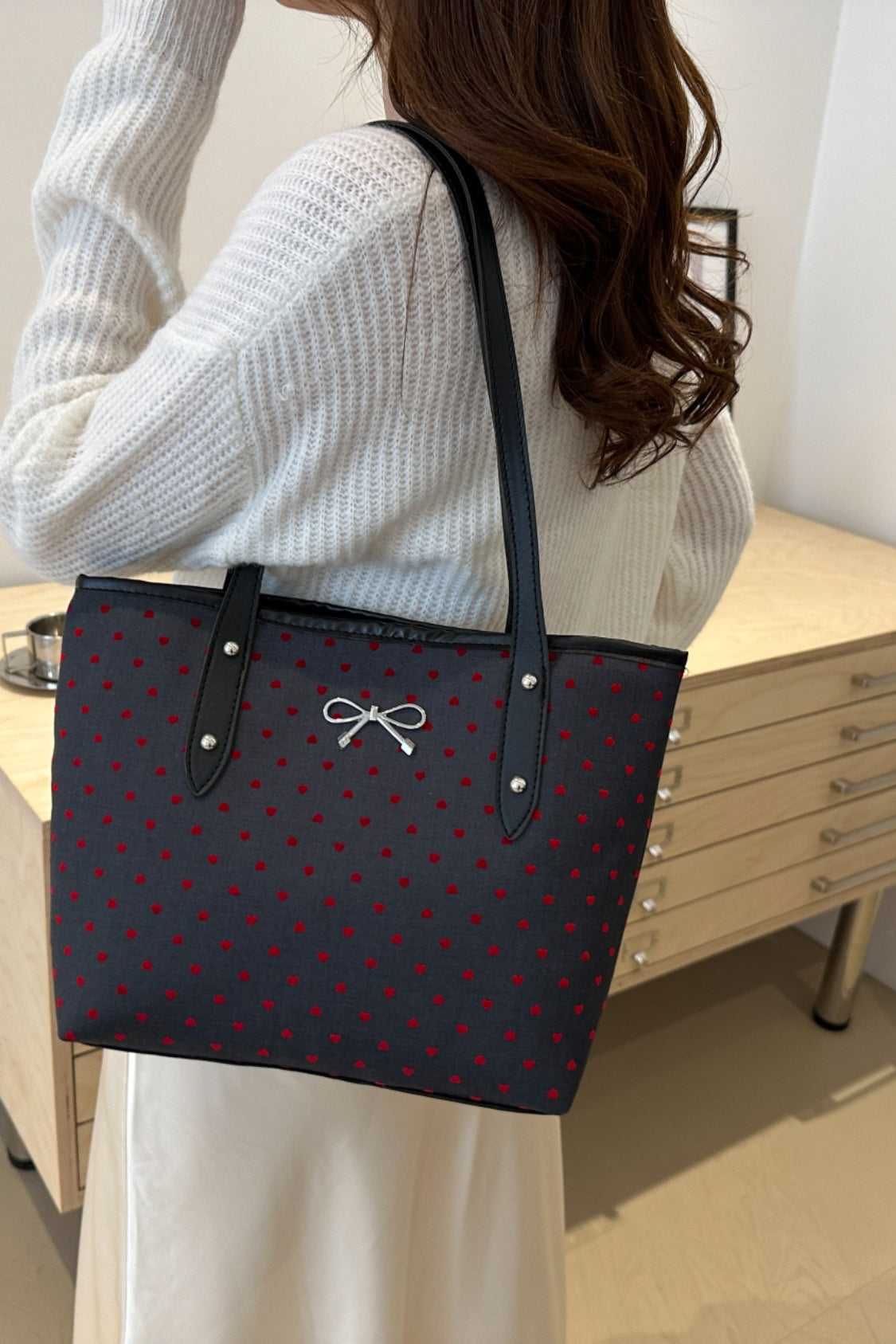 Stylish Bow Trim Polyester Tote Bag for Everyday Use