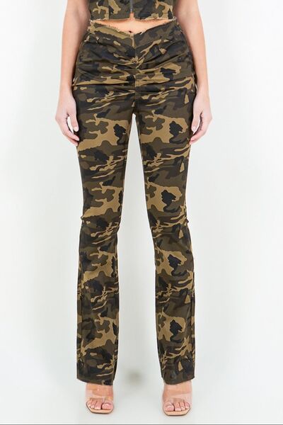 Stylish V-Cut Ruched Camo Flare Pants with Trendy Design