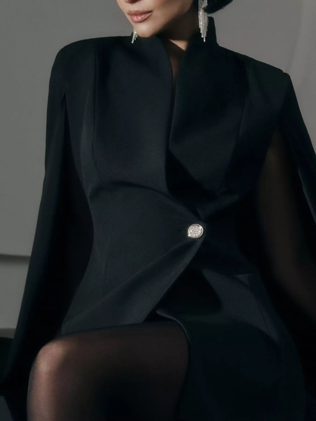 One Button Fitted Mini Blazer Dress with Cape Sleeves