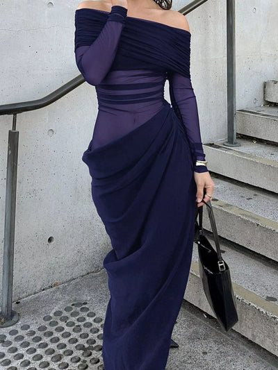 Off-Shoulder Long Sleeve Ruched Bodycon Maxi Dress