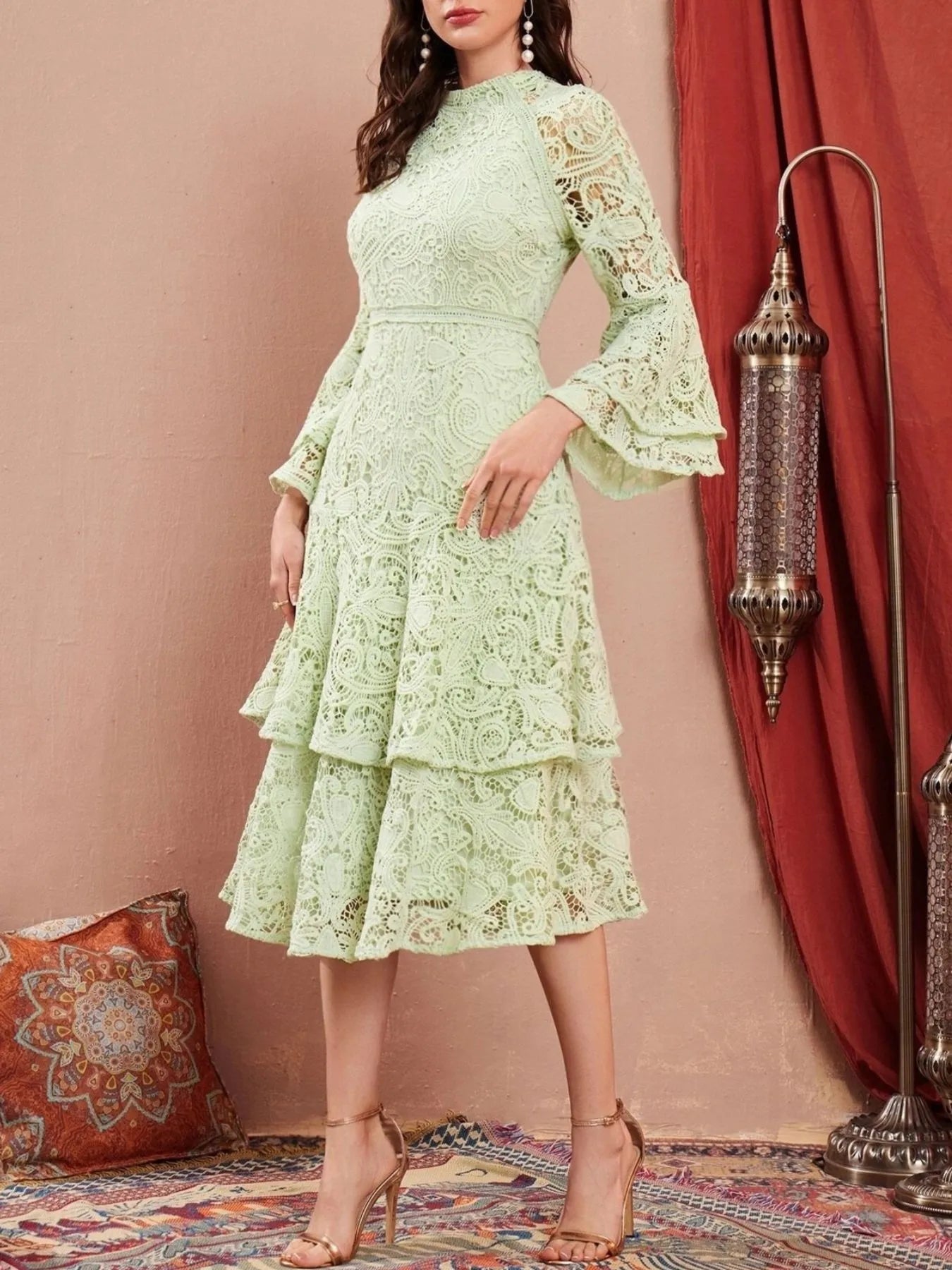 Lace Layered Flare Sleeve Dress