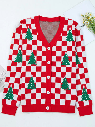Christmas Tree Pattern Checkered Button V Neck Cardigan