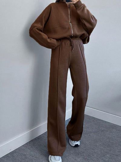 Casual Baseball Collar Zip Top & Drawstring Pants Set
