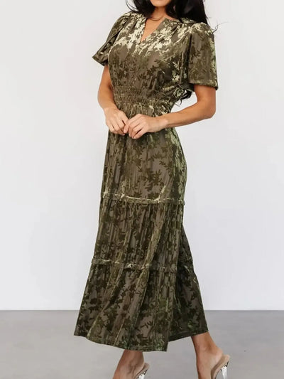 Notched Short Sleeve Tiered Dress