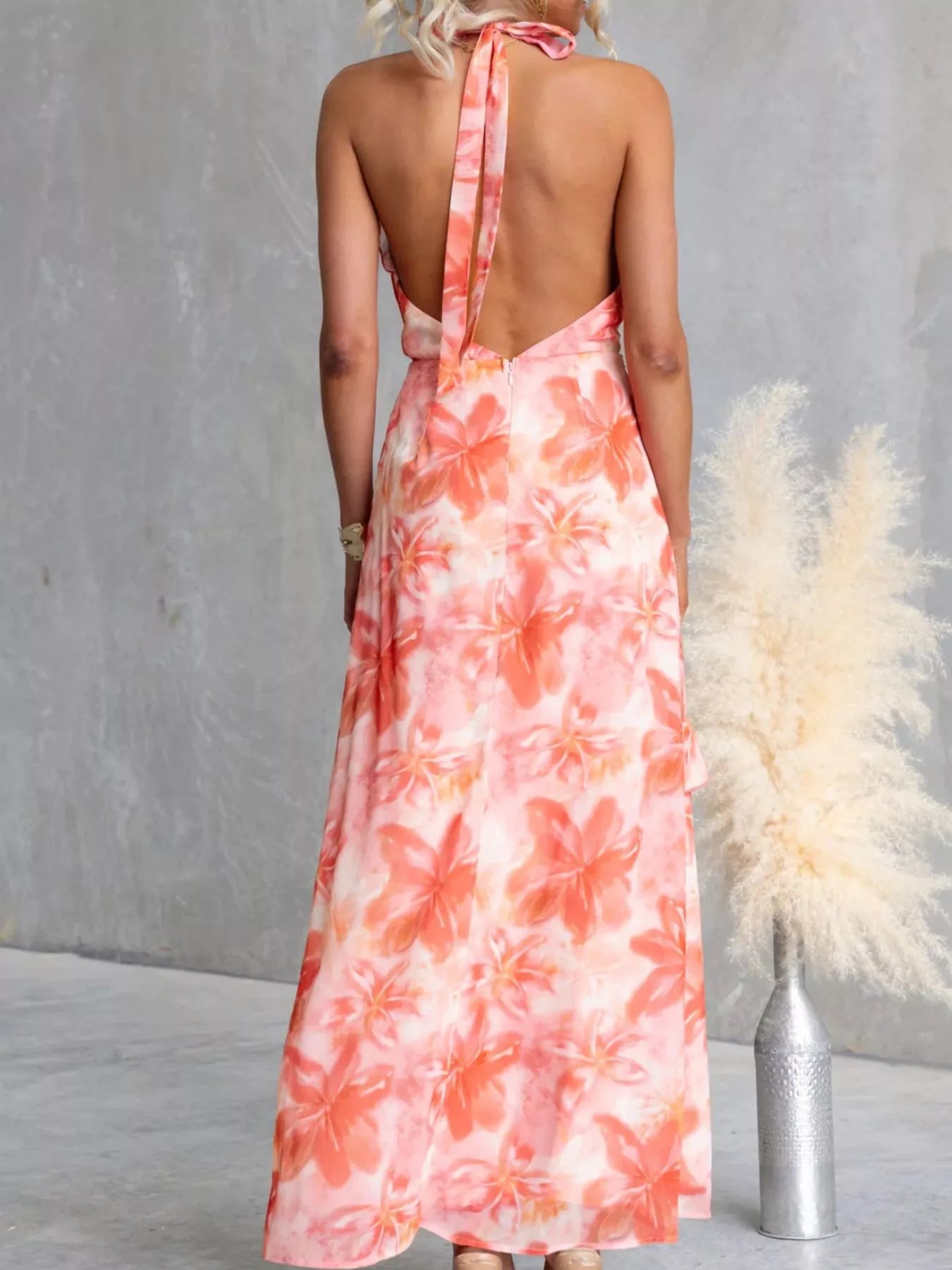 Floral Print Ruffle Halter Neck Maxi Dress