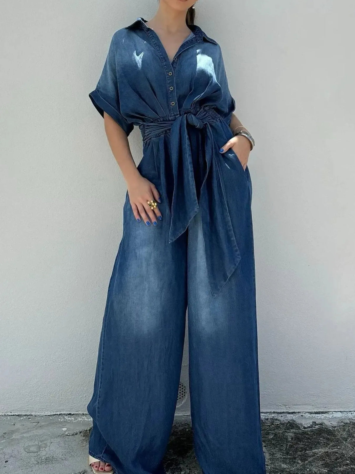 Button Front Wide Leg Denim Jumpsuit