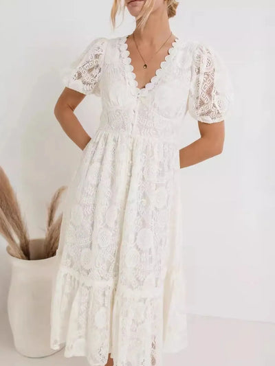 Lace V-Neck Short Sleeve Dress