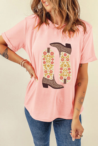 Trendy Boot Graphic Round Neck T-Shirt for Casual Comfort