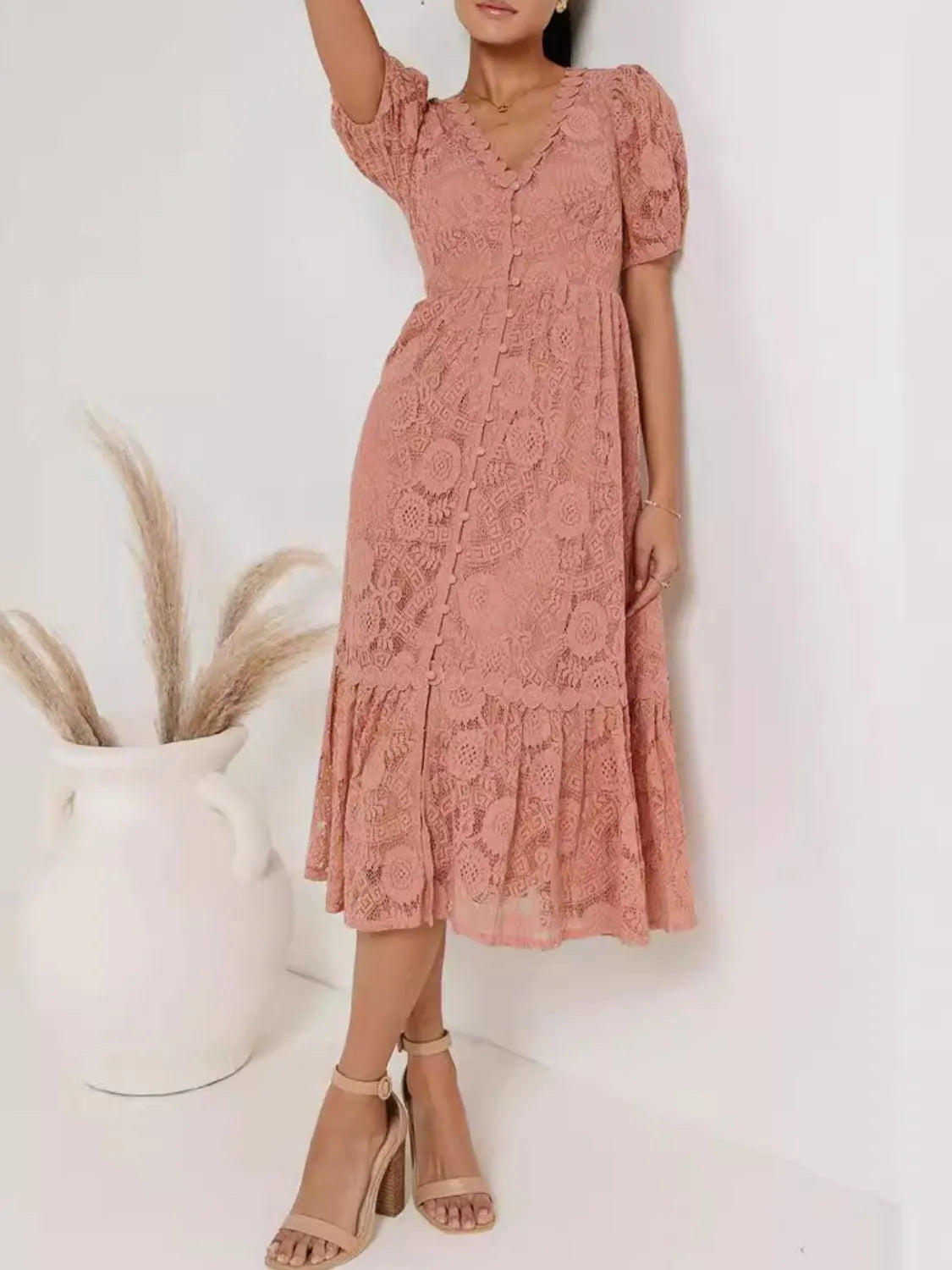 Lace V-Neck Short Sleeve Dress