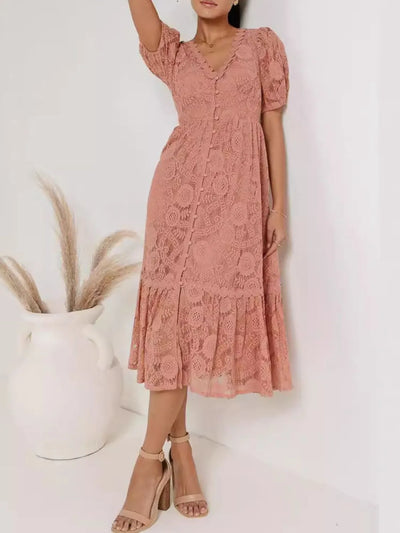 Lace V-Neck Short Sleeve Dress