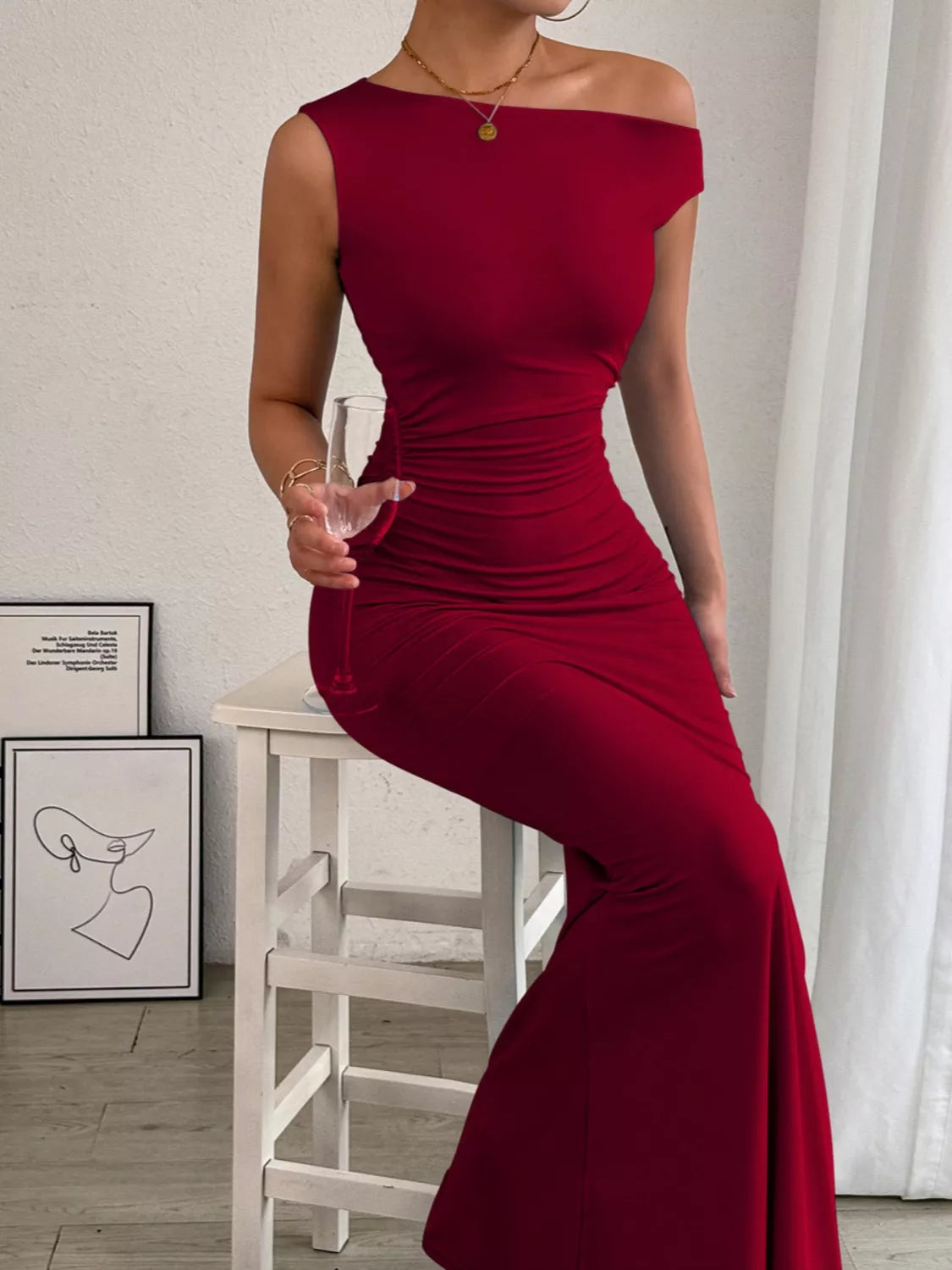 One-Shoulder Ruched Bodycon Maxi Dress