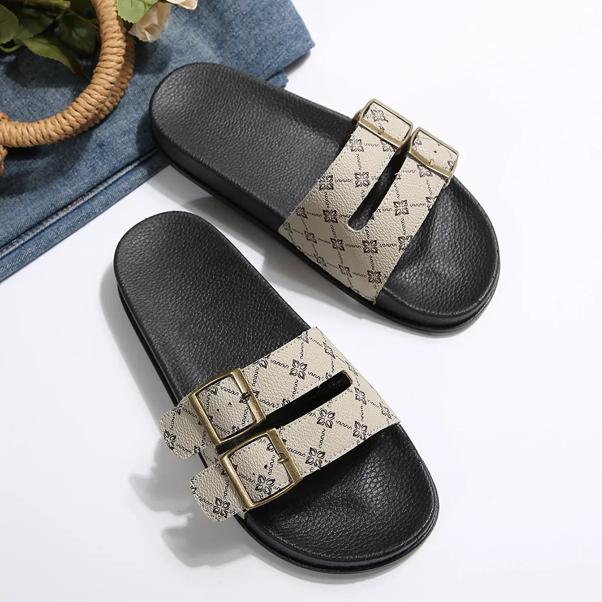 Open Toe Double Buckle Sandals