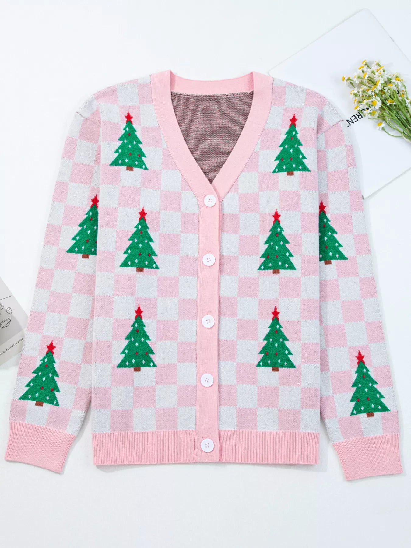 Christmas Tree Pattern Checkered Button V Neck Cardigan