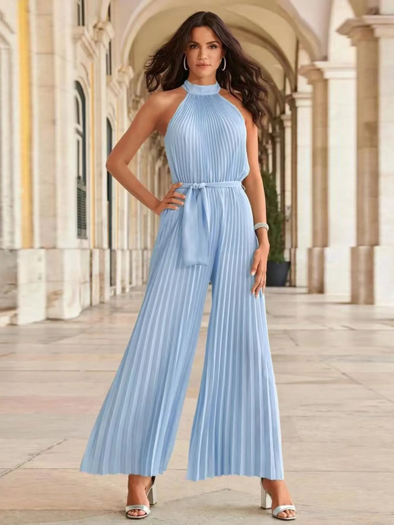 Pleated Sleeveless Wide Leg Jumpsuit