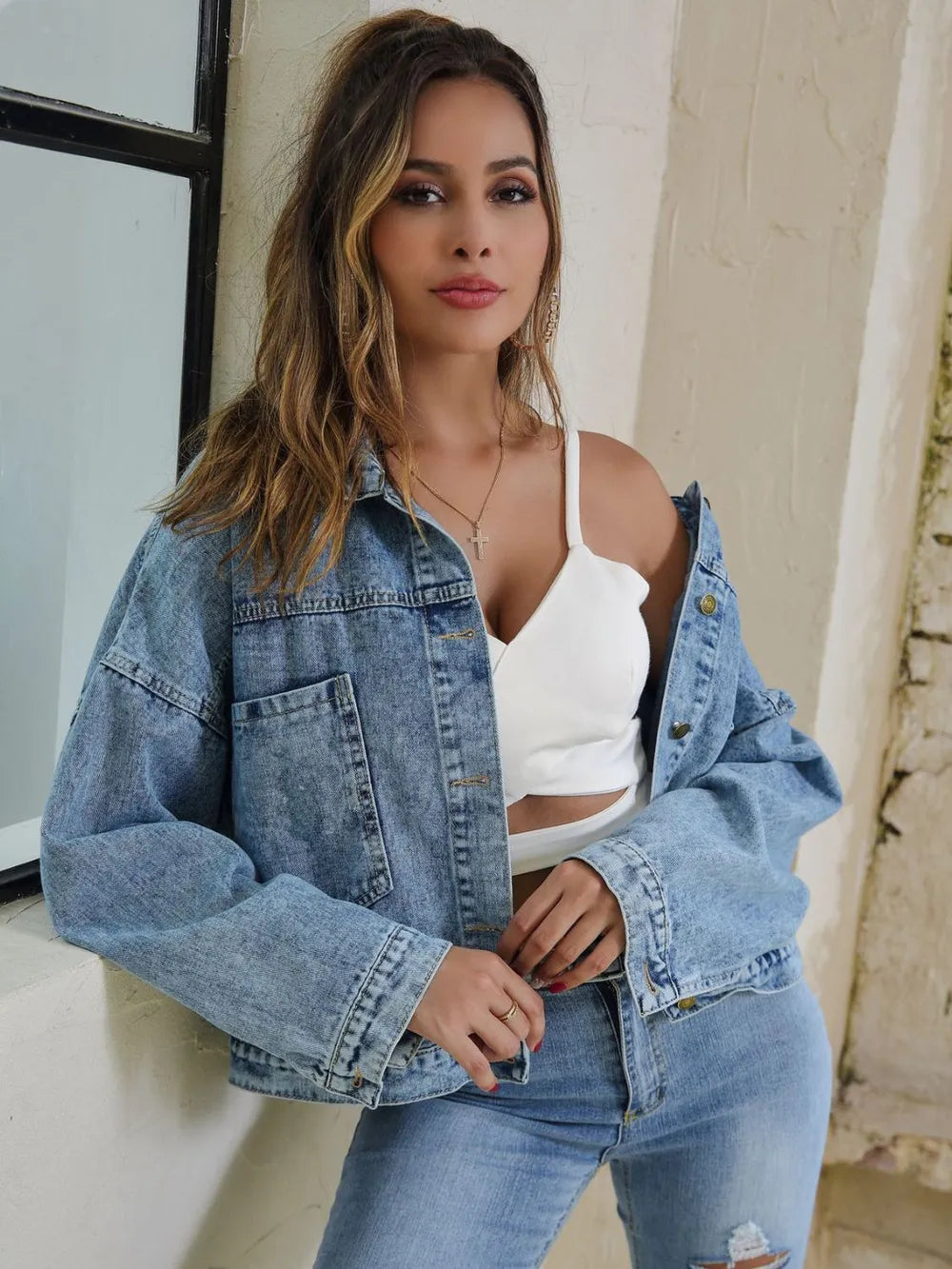 Button Down Drop Shoulder Denim Jacket
