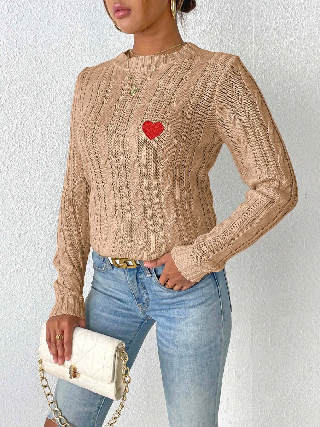 Cozy Cable-Knit Heart Sweater in Soft Pink with Long Sleeves