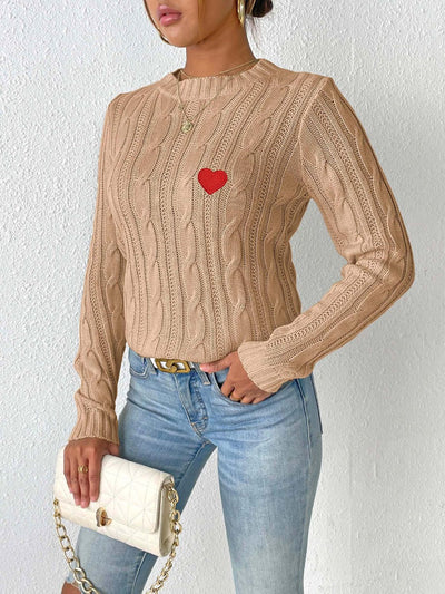 Cozy Cable-Knit Heart Sweater in Soft Pink with Long Sleeves