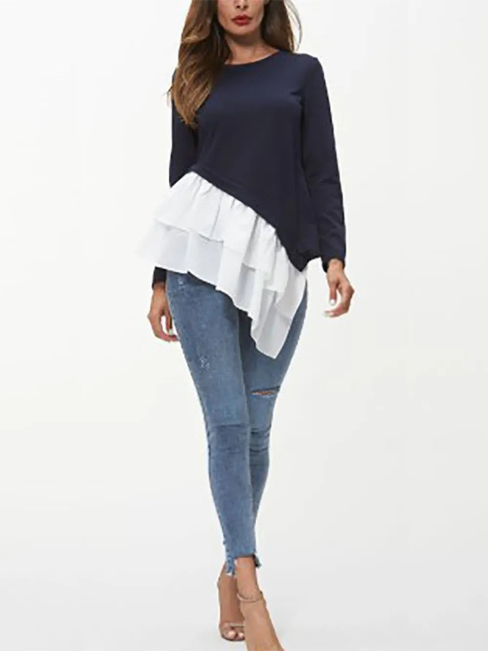 Ivy Lane Tiered Contrast Round Neck Long Sleeve T-Shirt