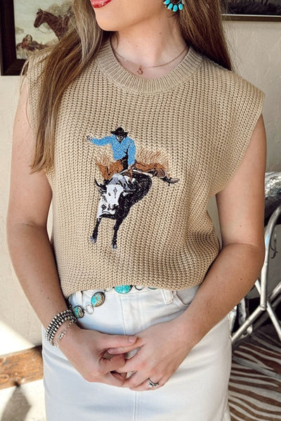 Western Cowboy Embroidery Round Neck Sleeveless Sweater