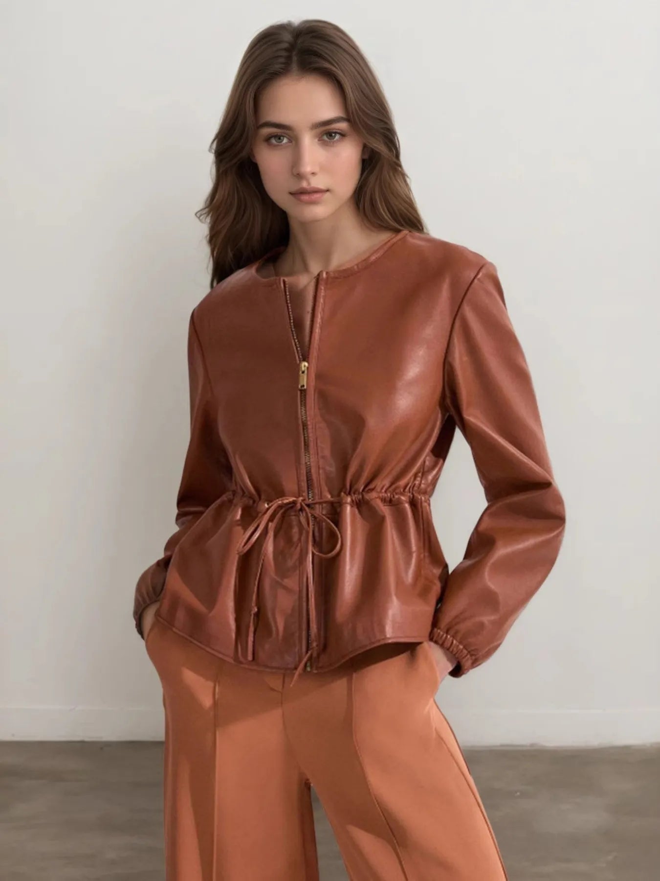 Drawstring Zip Up Leather Jacket