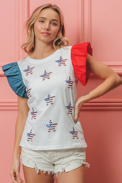 BiBi American Flag Sequin Stars Top