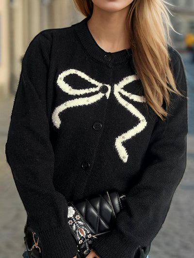 Chic Bow Button Cardigan with Stylish Round Neck Design