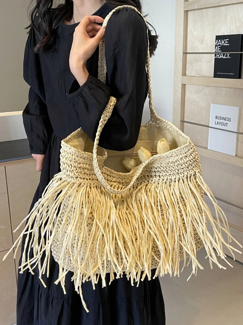 Bohemian Straw Fringe Hobo Handbag