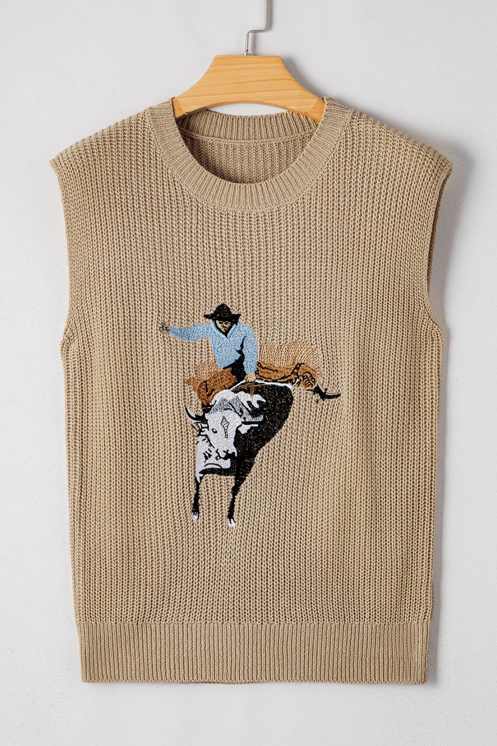 Western Cowboy Embroidery Round Neck Sleeveless Sweater
