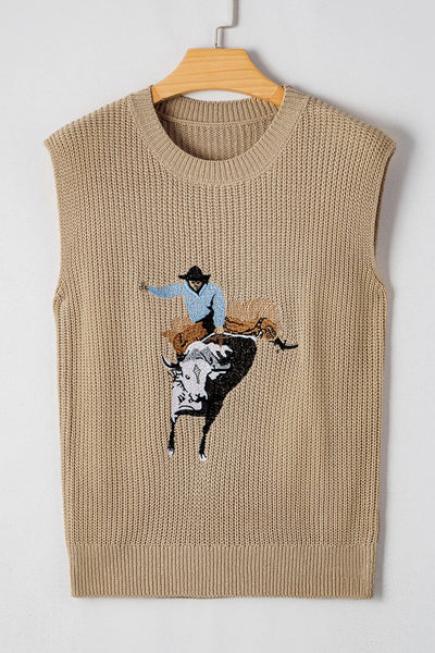 Western Cowboy Embroidery Round Neck Sleeveless Sweater