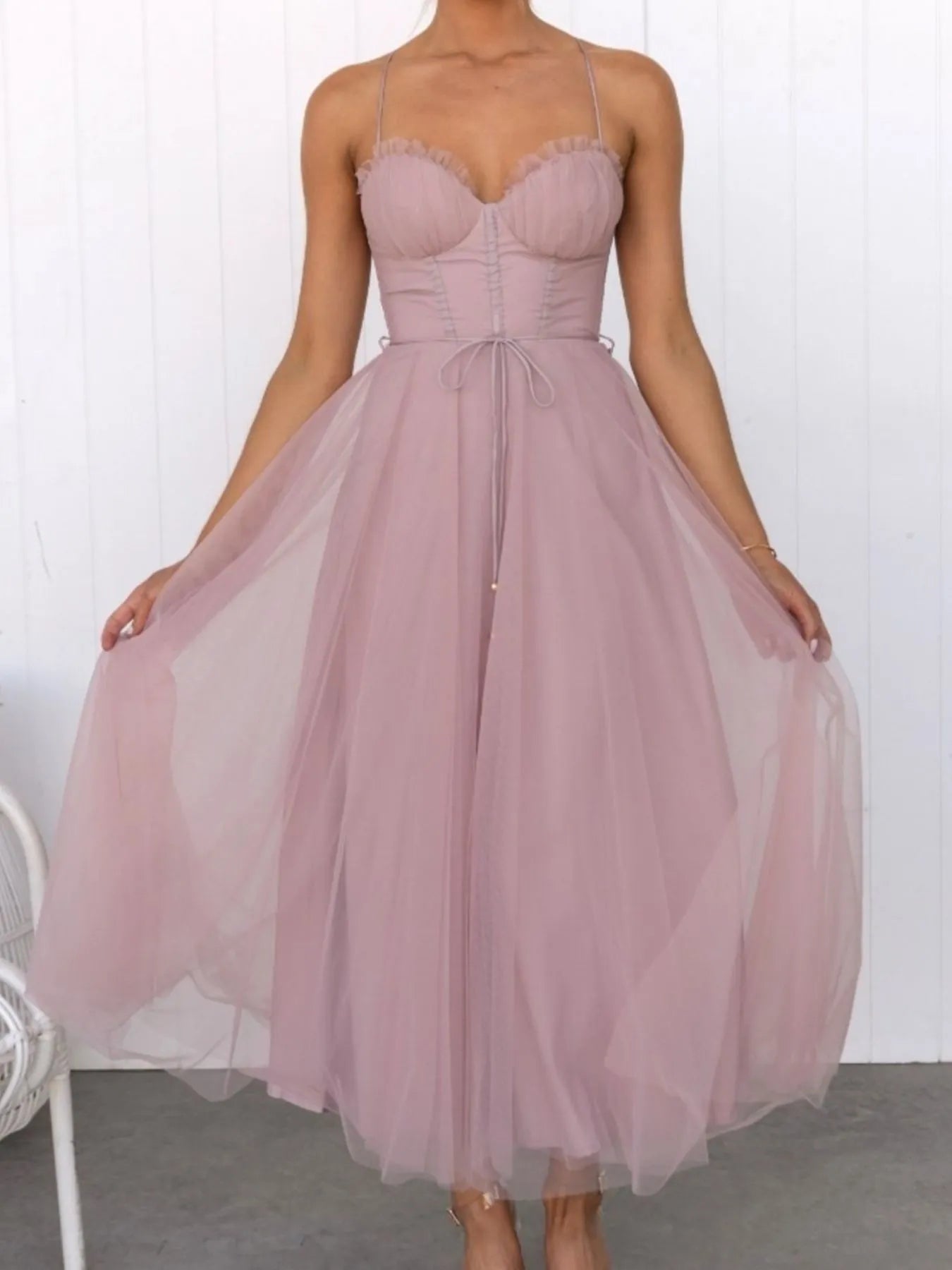 Sweetheart Neck Tulle Midi Dress
