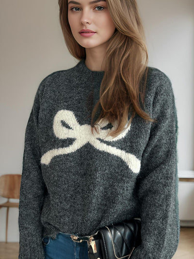 Chic Bow Round Neck Sweater - Soft Knit, Cozy & Versatile