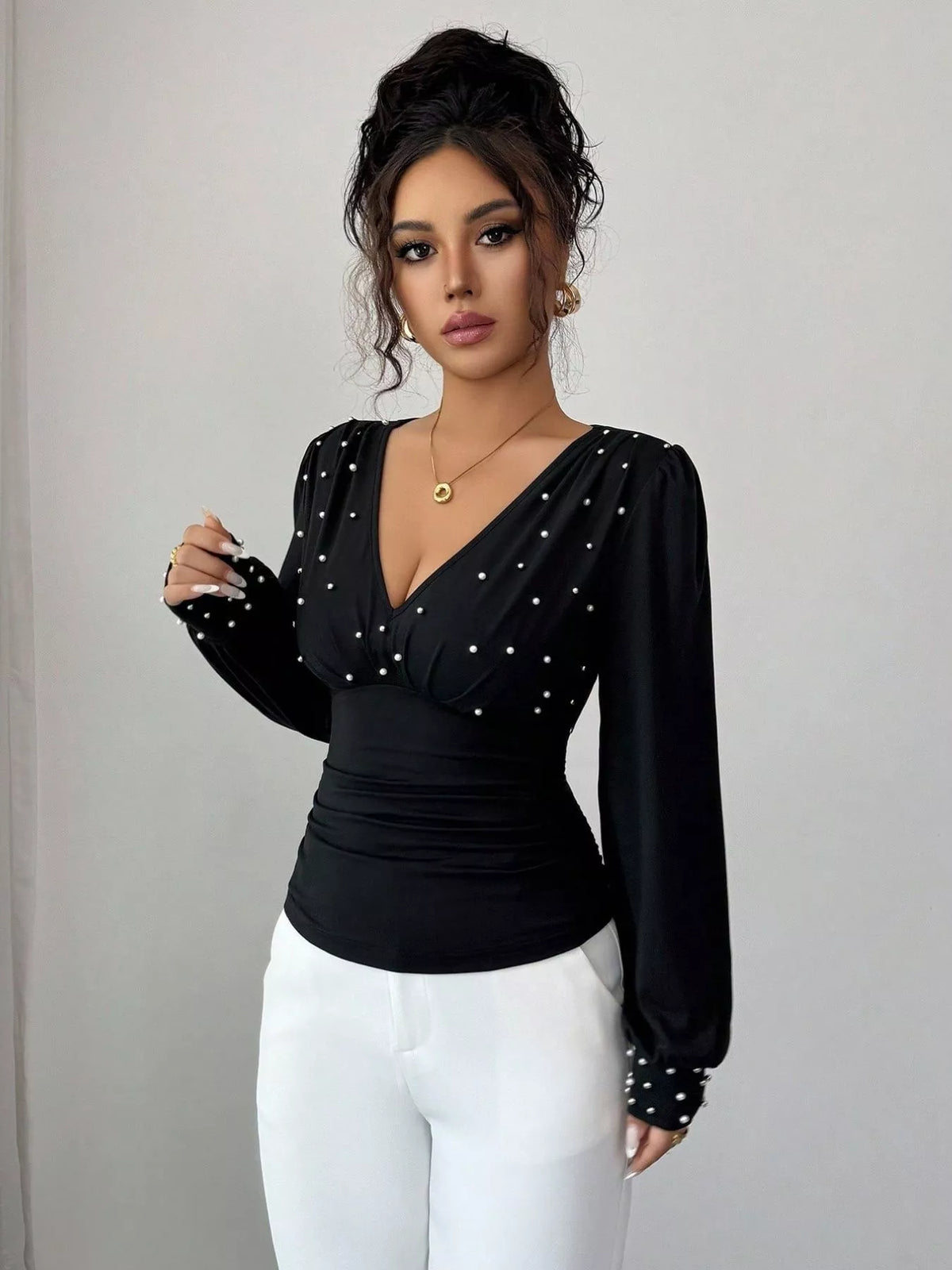 Pearl Embellished V-Neck Blouse