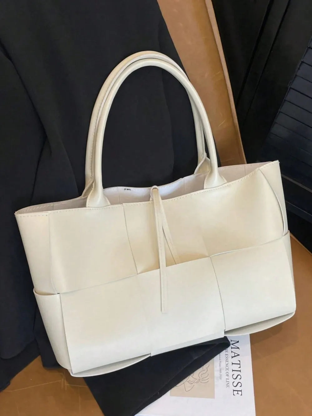PU Leather Woven Handbag and Clutch Set
