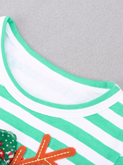 Children's Christmas Reindeer Applique Striped Long Sleeve Dress