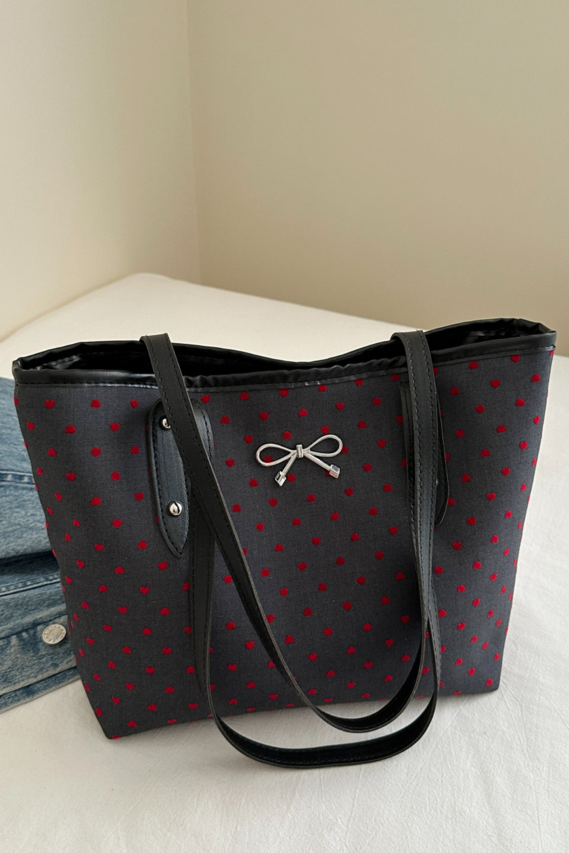 Stylish Bow Trim Polyester Tote Bag for Everyday Use