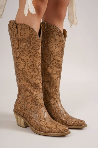 Women's Fashion Embossed Floral Block Heel Boots