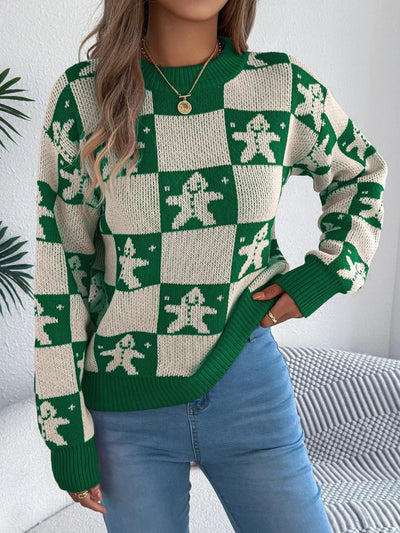 Christmas Checkerboard Gingerbread Round Neck Sweater