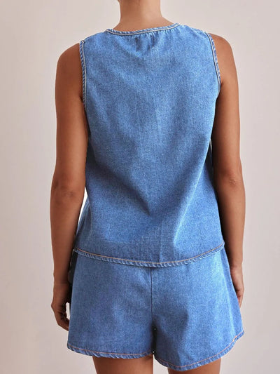 Tie Front Vest and Shorts Denim Set