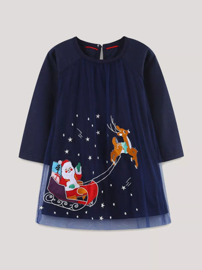 Children's Christmas Santa & Reindeer Embroidered Tulle Dress
