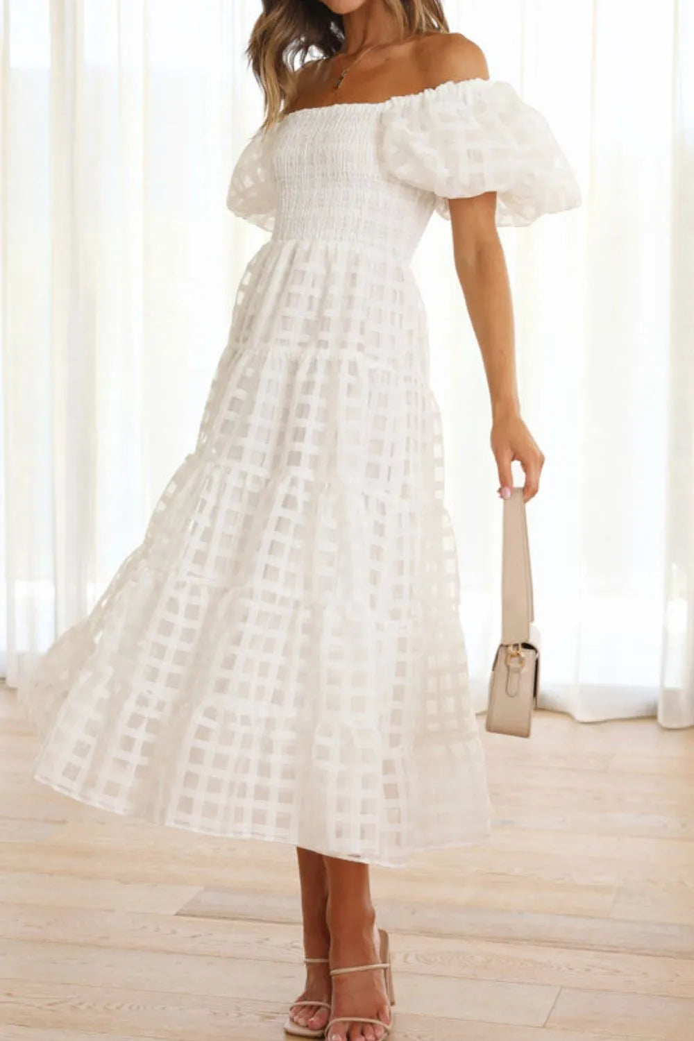 Off Shoulder Short Puff Sleeve Midi Dress