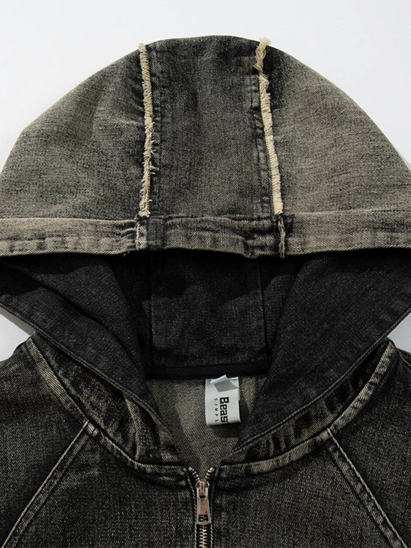 Men's Distressed Denim Patchwork Oversized Hoodie with Frayed Details