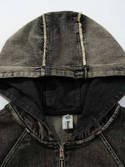 Men's Distressed Denim Patchwork Oversized Hoodie with Frayed Details