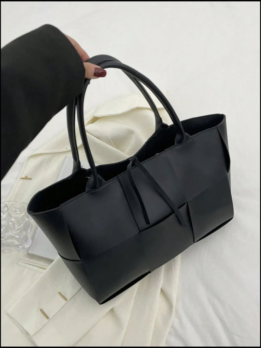 PU Leather Woven Handbag and Clutch Set