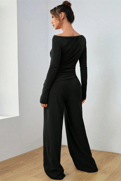 Boat Neck Long Sleeve Top and Pants Set