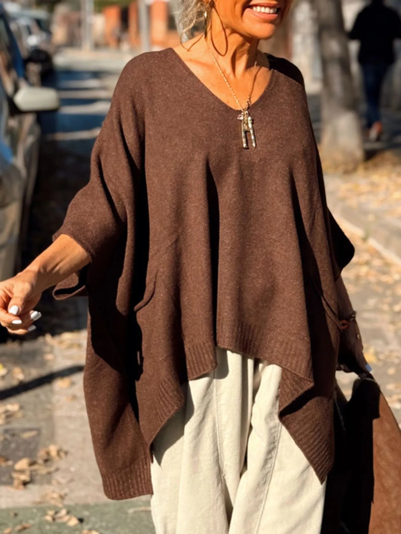 Ribbed Hem V-Neck Sweater