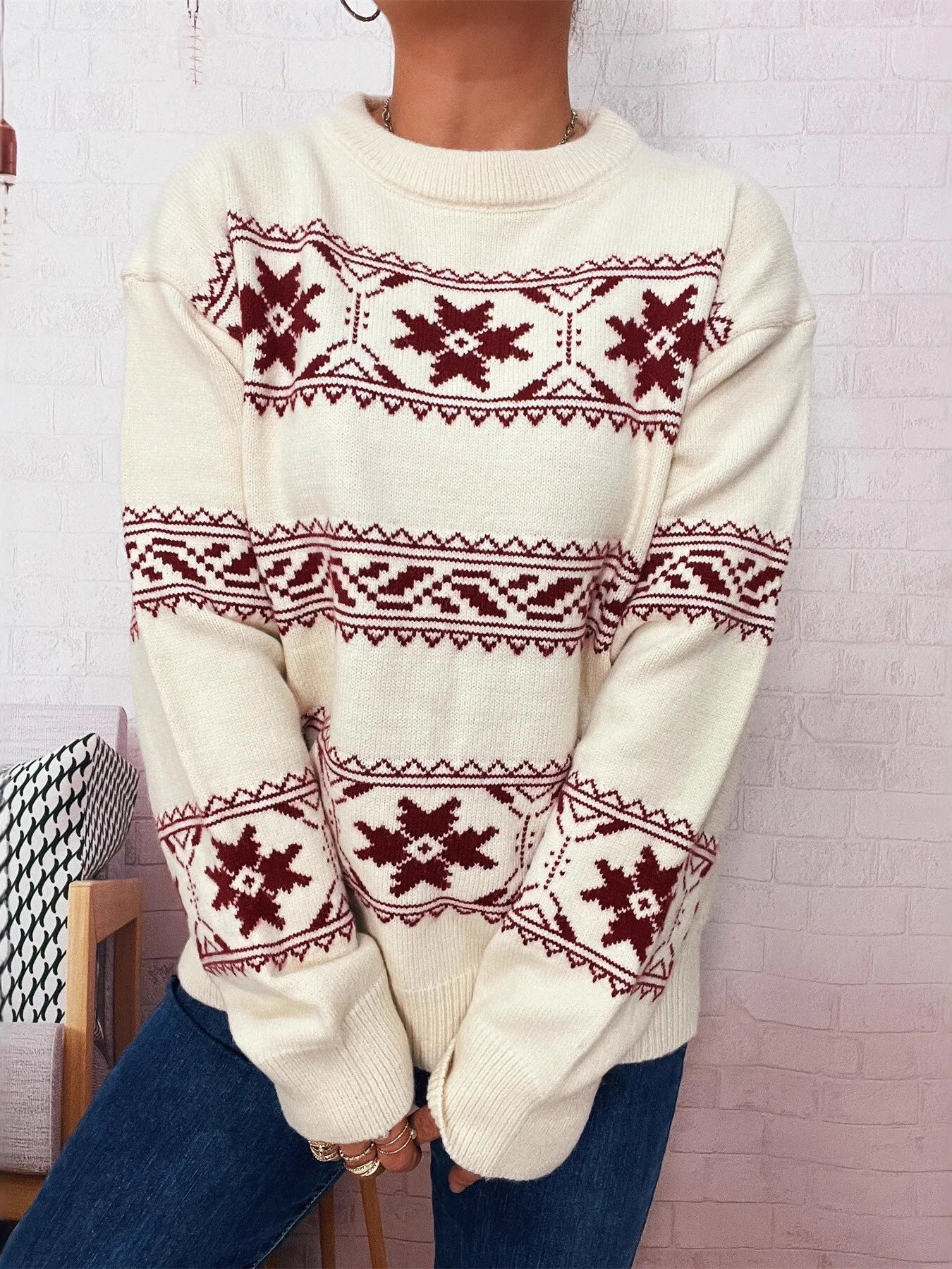Christmas Snowflake Round Neck Sweater